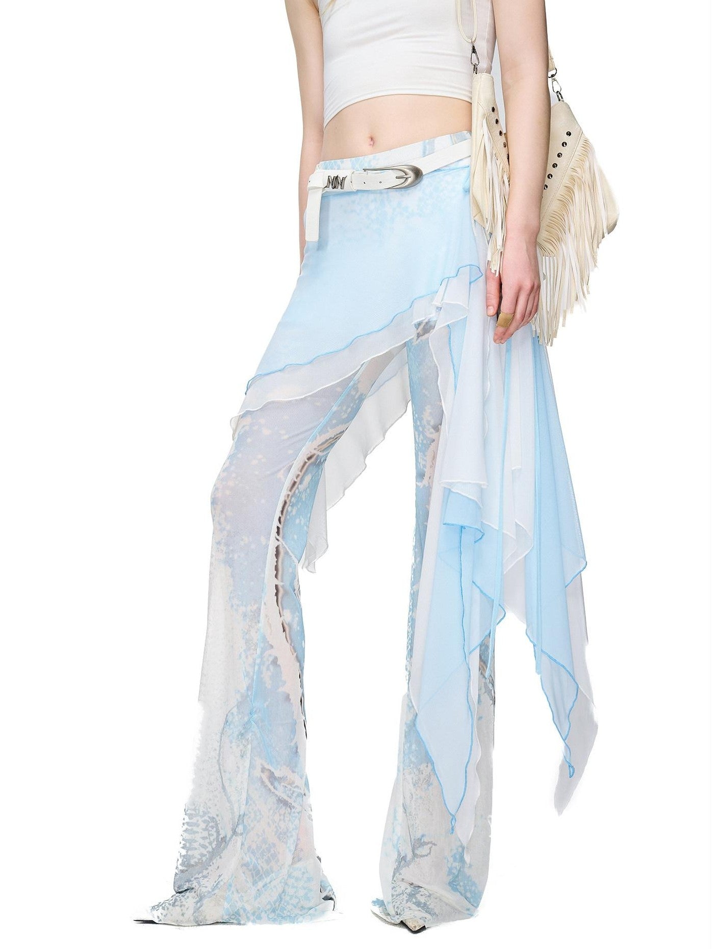 NORTH NODE Sheer Printed Asymmetrical Ruffle Hip Cover Women&