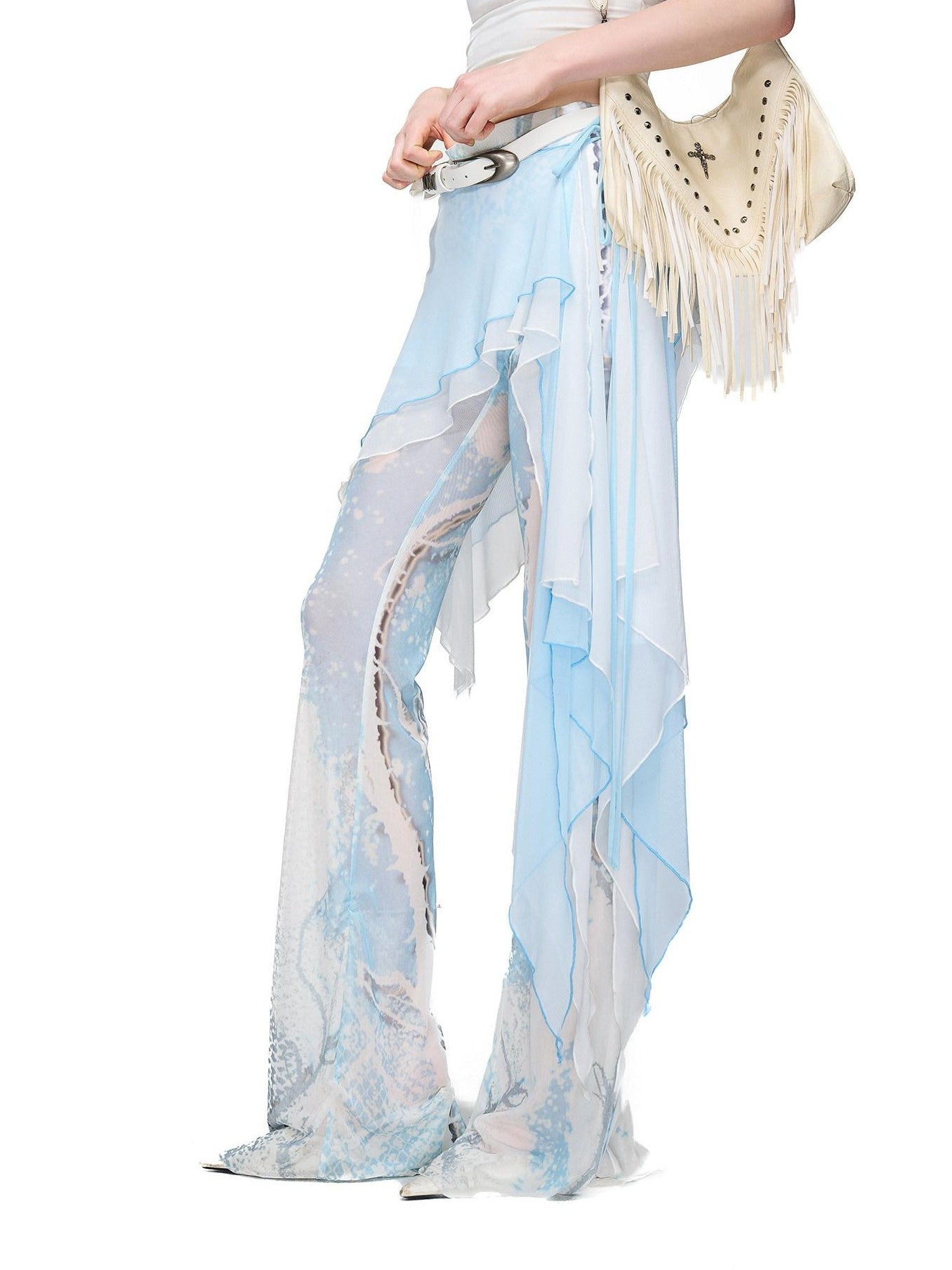 NORTH NODE Sheer Printed Asymmetrical Ruffle Hip Cover Women&