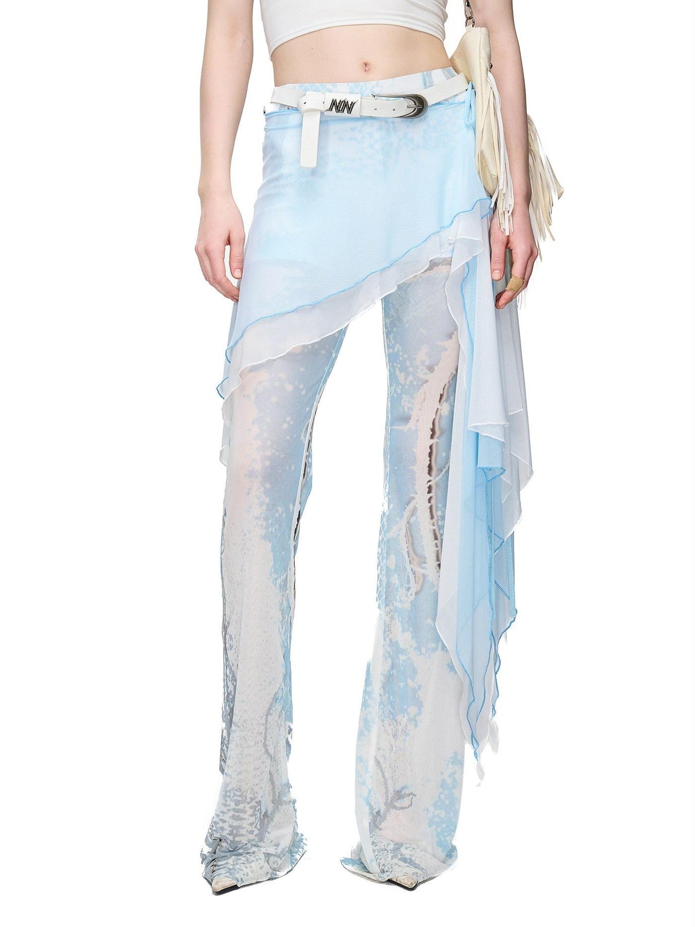 NORTH NODE Sheer Printed Asymmetrical Ruffle Hip Cover Women&