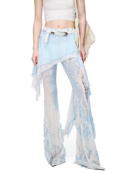 NORTH NODE Sheer Printed Asymmetrical Ruffle Hip Cover Women&