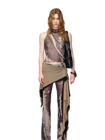 NORTH NODE Sheer Printed Asymmetrical Ruffle Hip Cover Women&
