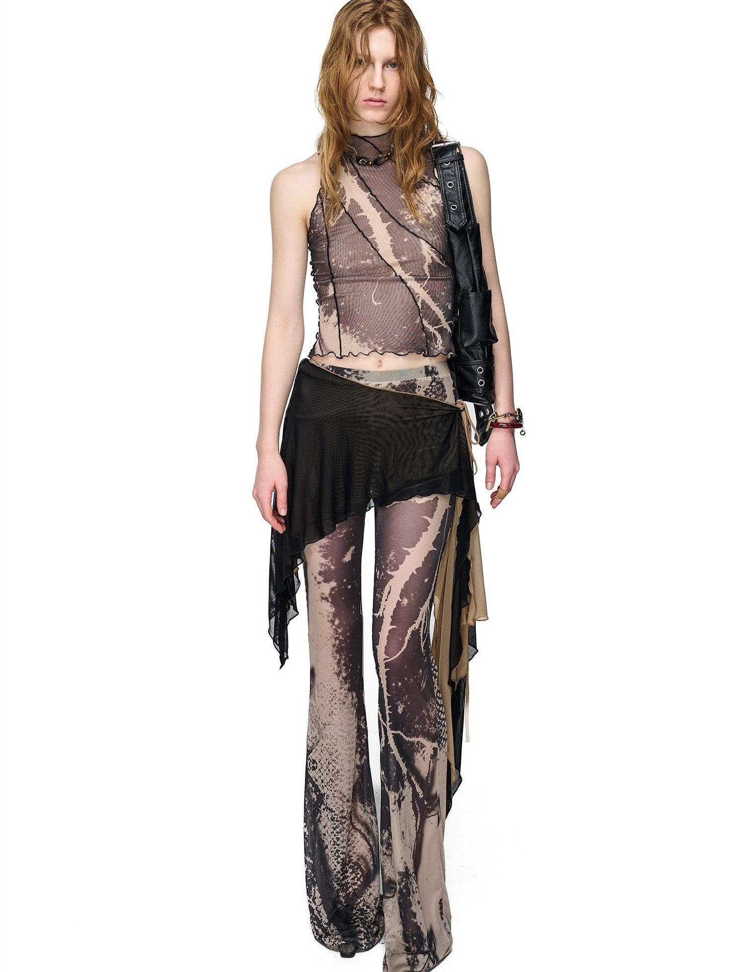 NORTH NODE Sheer Printed Asymmetrical Ruffle Hip Cover Women&