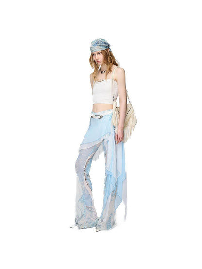 NORTH NODE Sheer Printed Asymmetrical Ruffle Hip Cover Women&