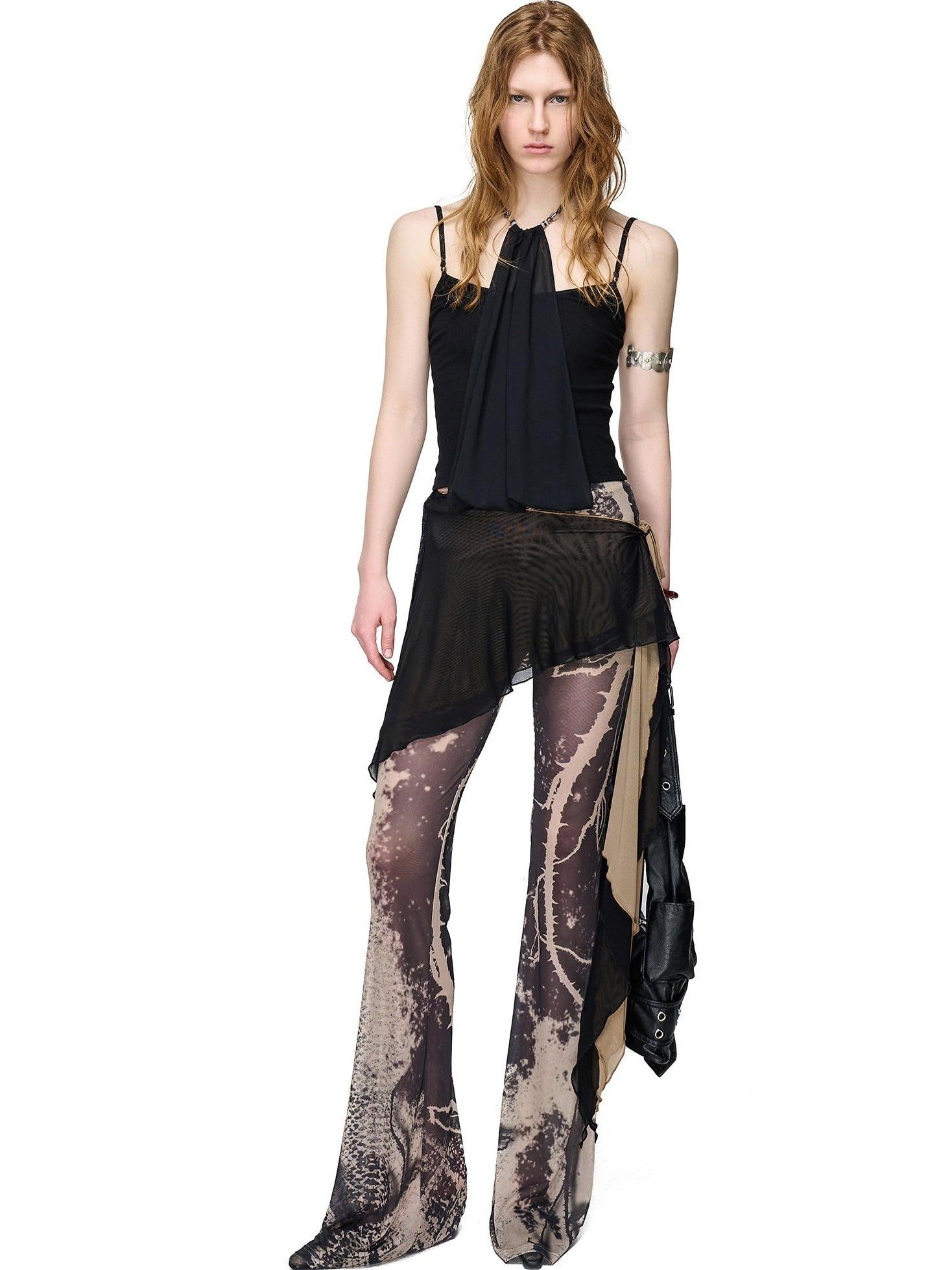 NORTH NODE Sheer Printed Asymmetrical Ruffle Hip Cover Women&