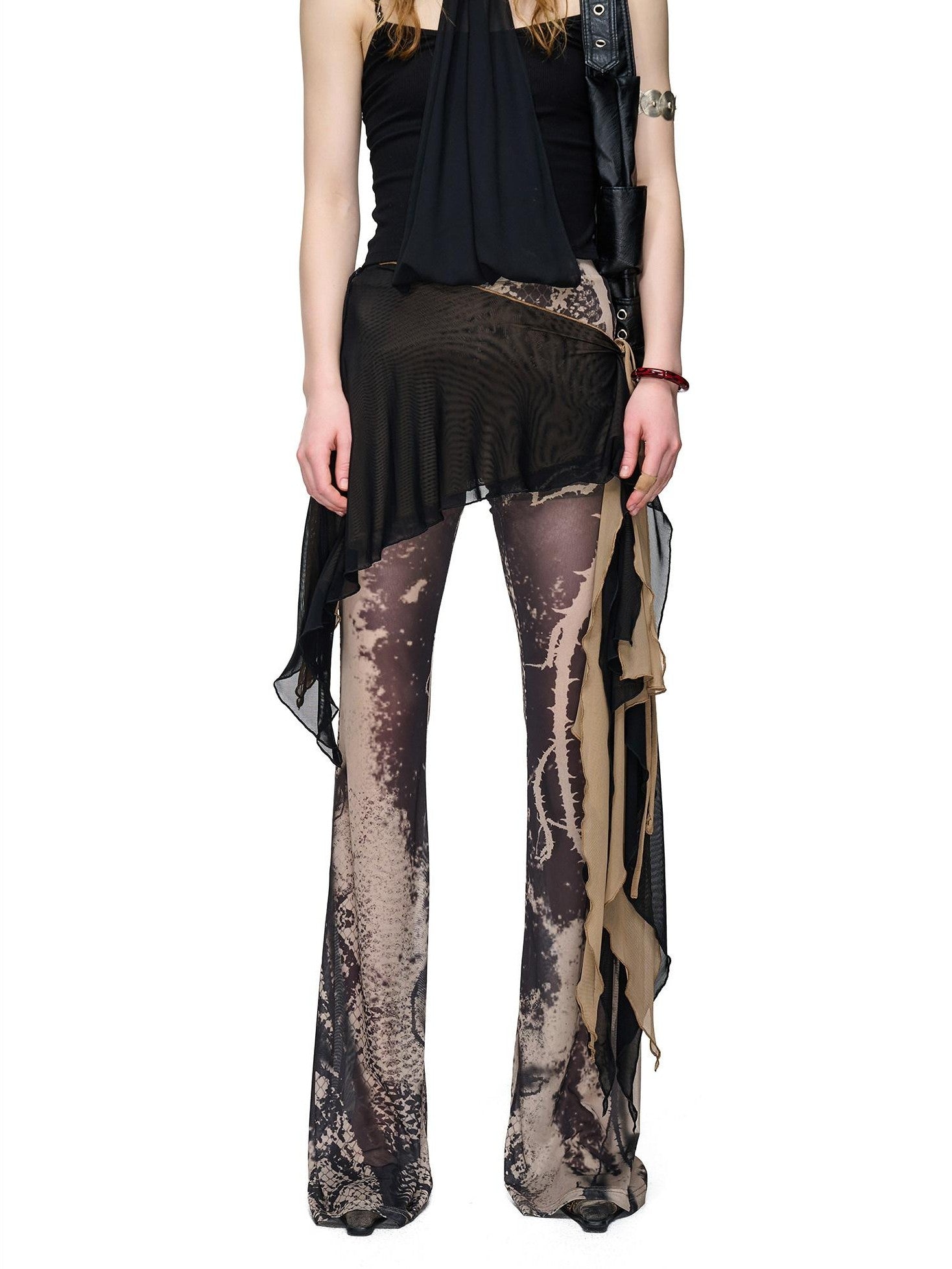 NORTH NODE Sheer Printed Asymmetrical Ruffle Hip Cover Women&