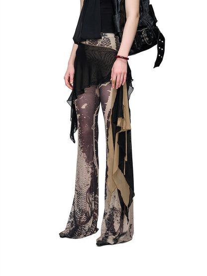 NORTH NODE Sheer Printed Asymmetrical Ruffle Hip Cover Women&