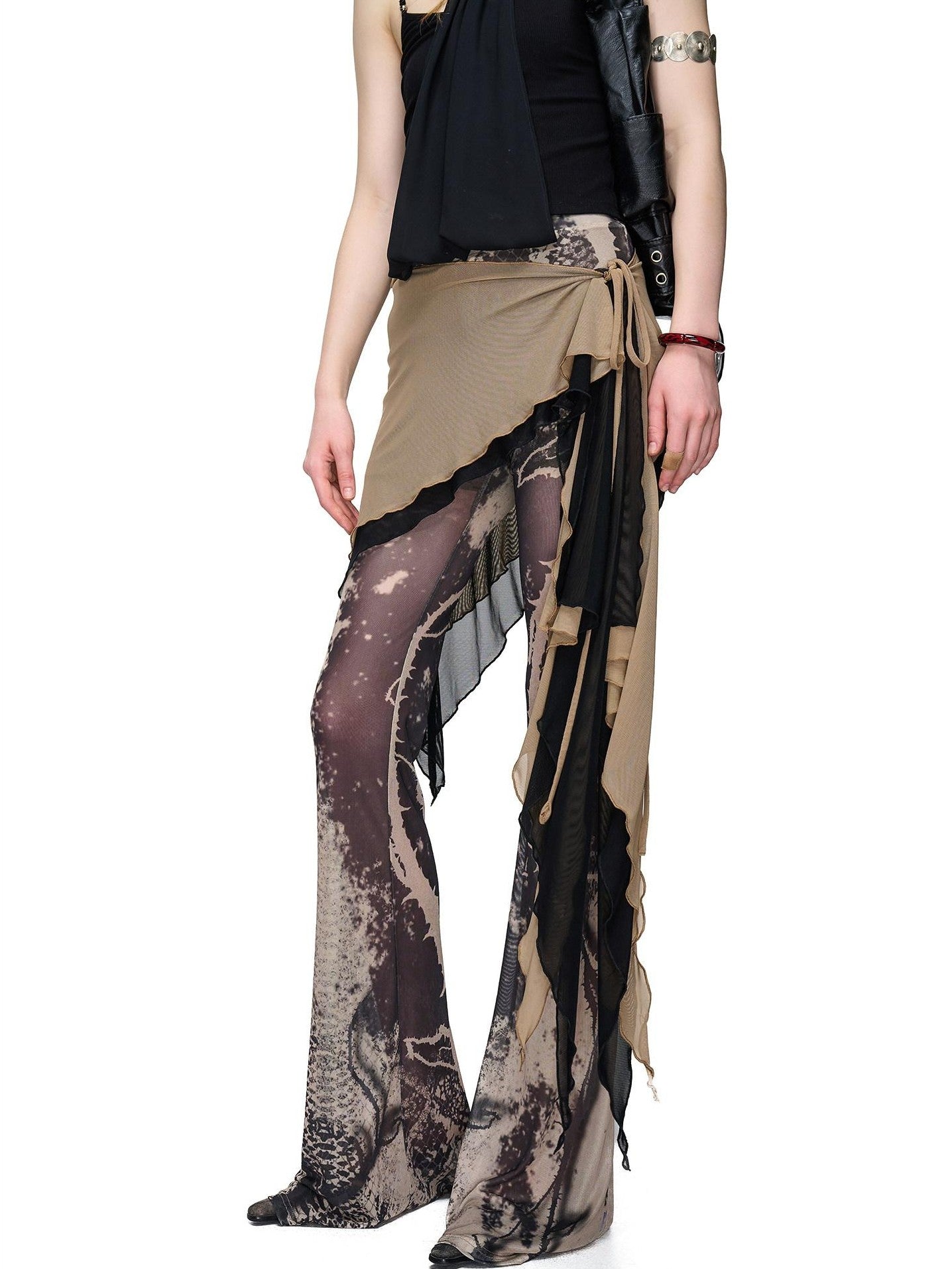 NORTH NODE Sheer Printed Asymmetrical Ruffle Hip Cover Women&