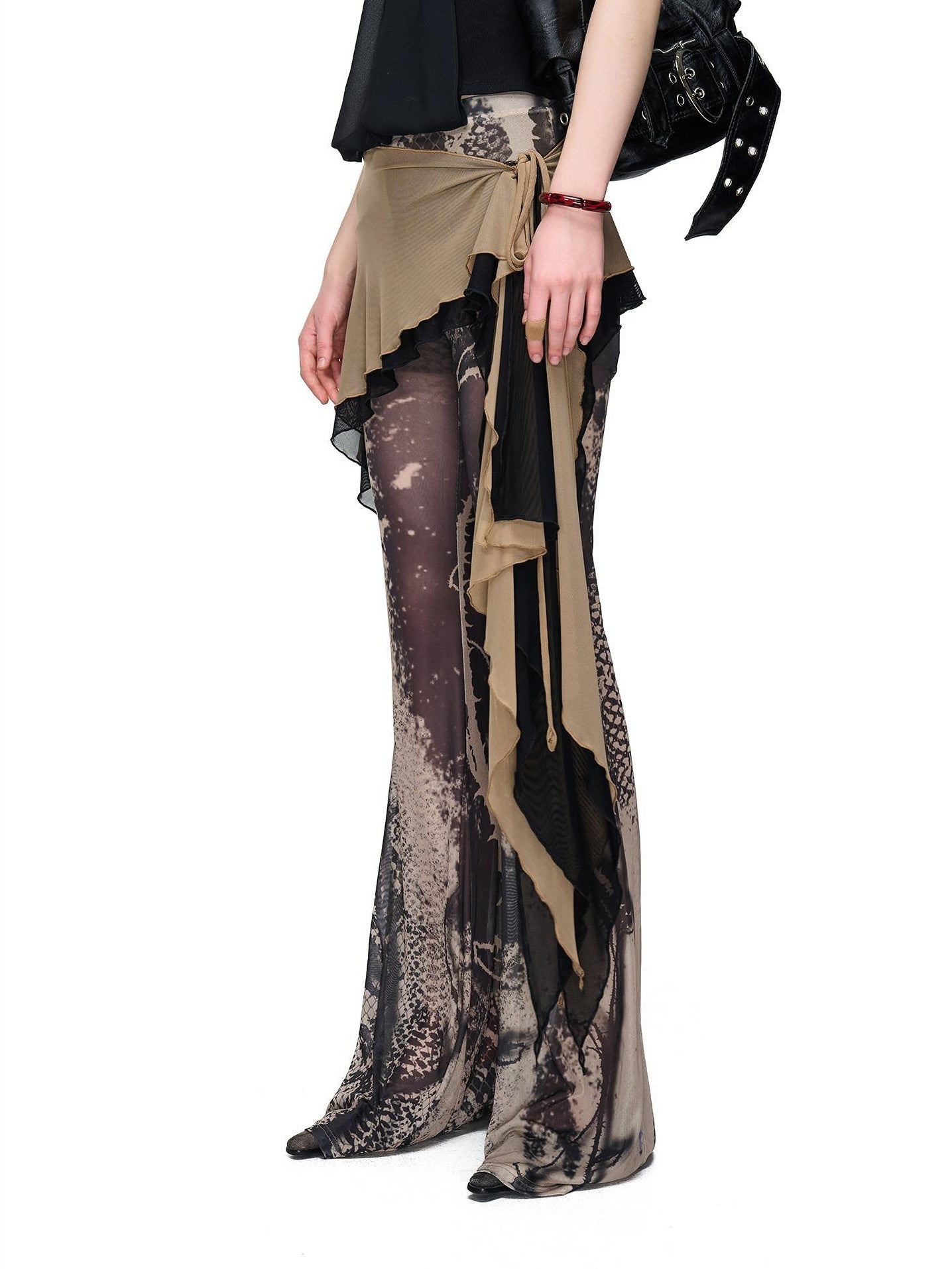 NORTH NODE Sheer Printed Asymmetrical Ruffle Hip Cover Women&