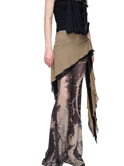 NORTH NODE Sheer Printed Asymmetrical Ruffle Hip Cover Women&