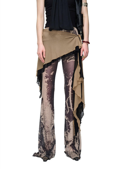 NORTH NODE Sheer Printed Asymmetrical Ruffle Hip Cover Women&
