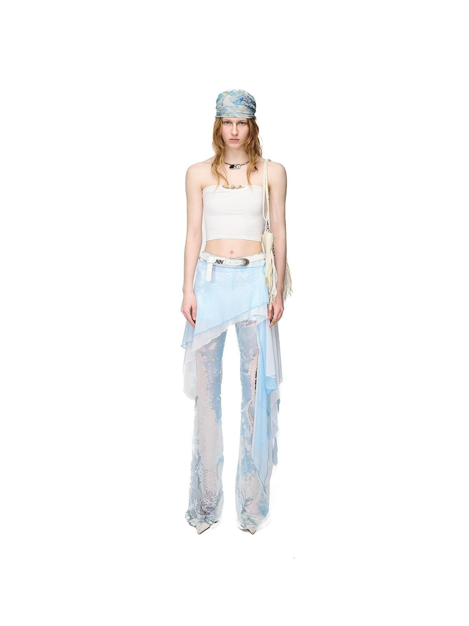 NORTH NODE Sheer Printed Asymmetrical Ruffle Hip Cover Women&