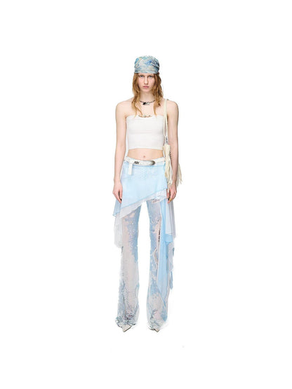 NORTH NODE Sheer Printed Asymmetrical Ruffle Hip Cover Women&
