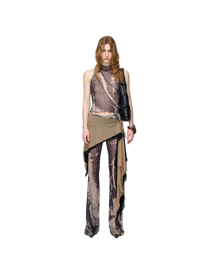 NORTH NODE Sheer Printed Asymmetrical Ruffle Hip Cover Women&