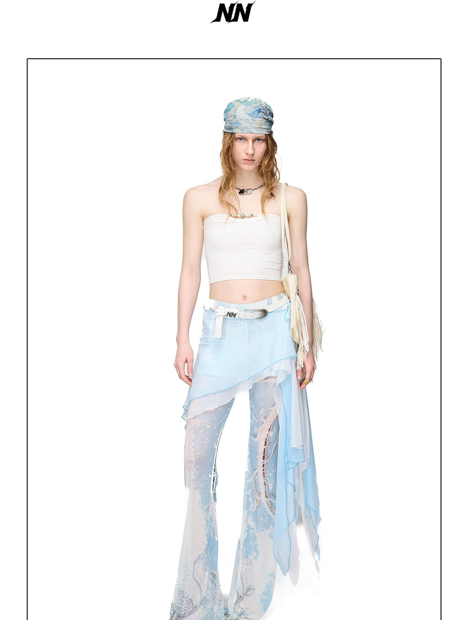 NORTH NODE Sheer Printed Asymmetrical Ruffle Hip Cover Women&