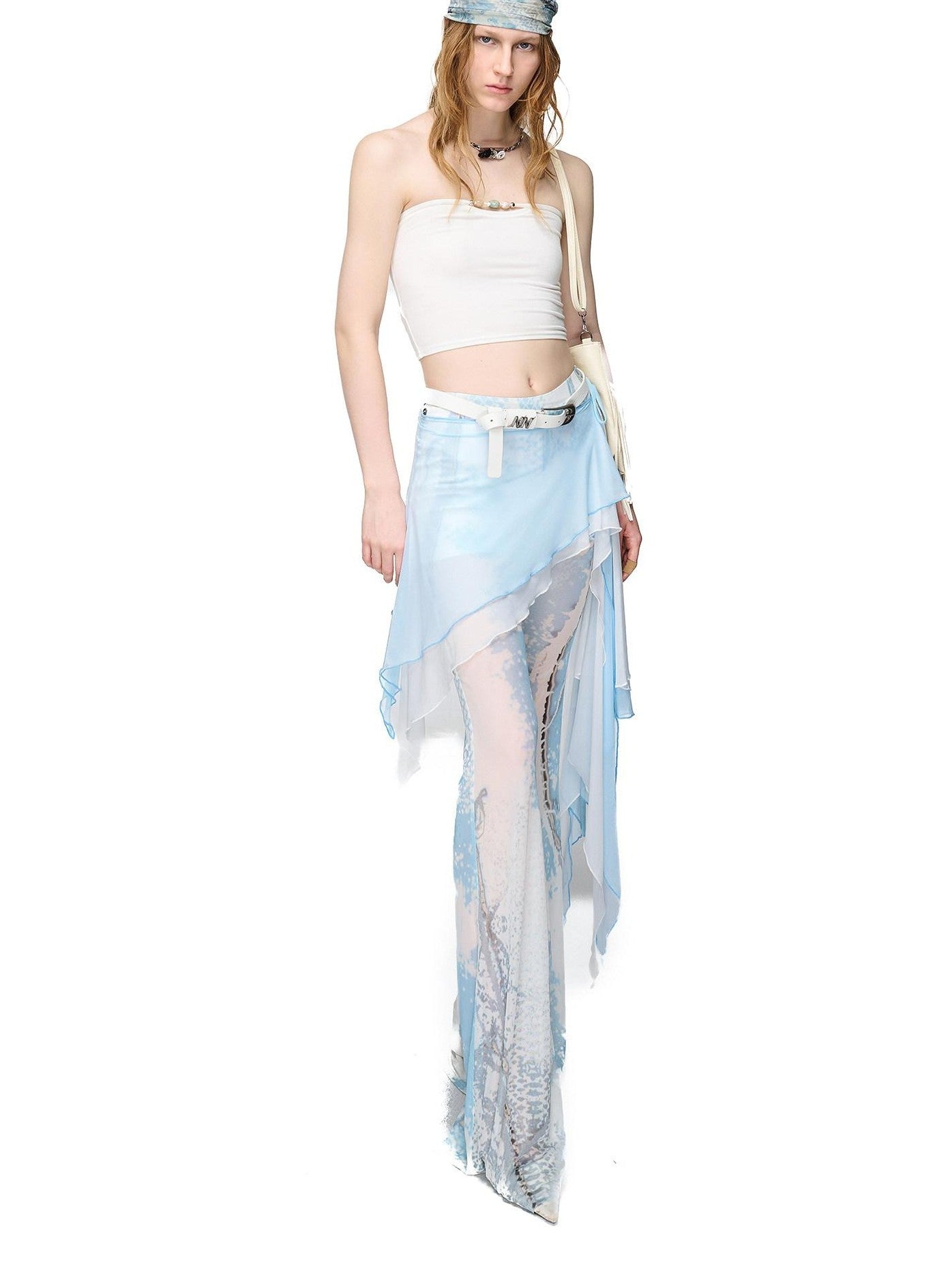 NORTH NODE Sheer Printed Asymmetrical Ruffle Hip Cover Women&