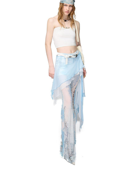 NORTH NODE Sheer Printed Asymmetrical Ruffle Hip Cover Women&