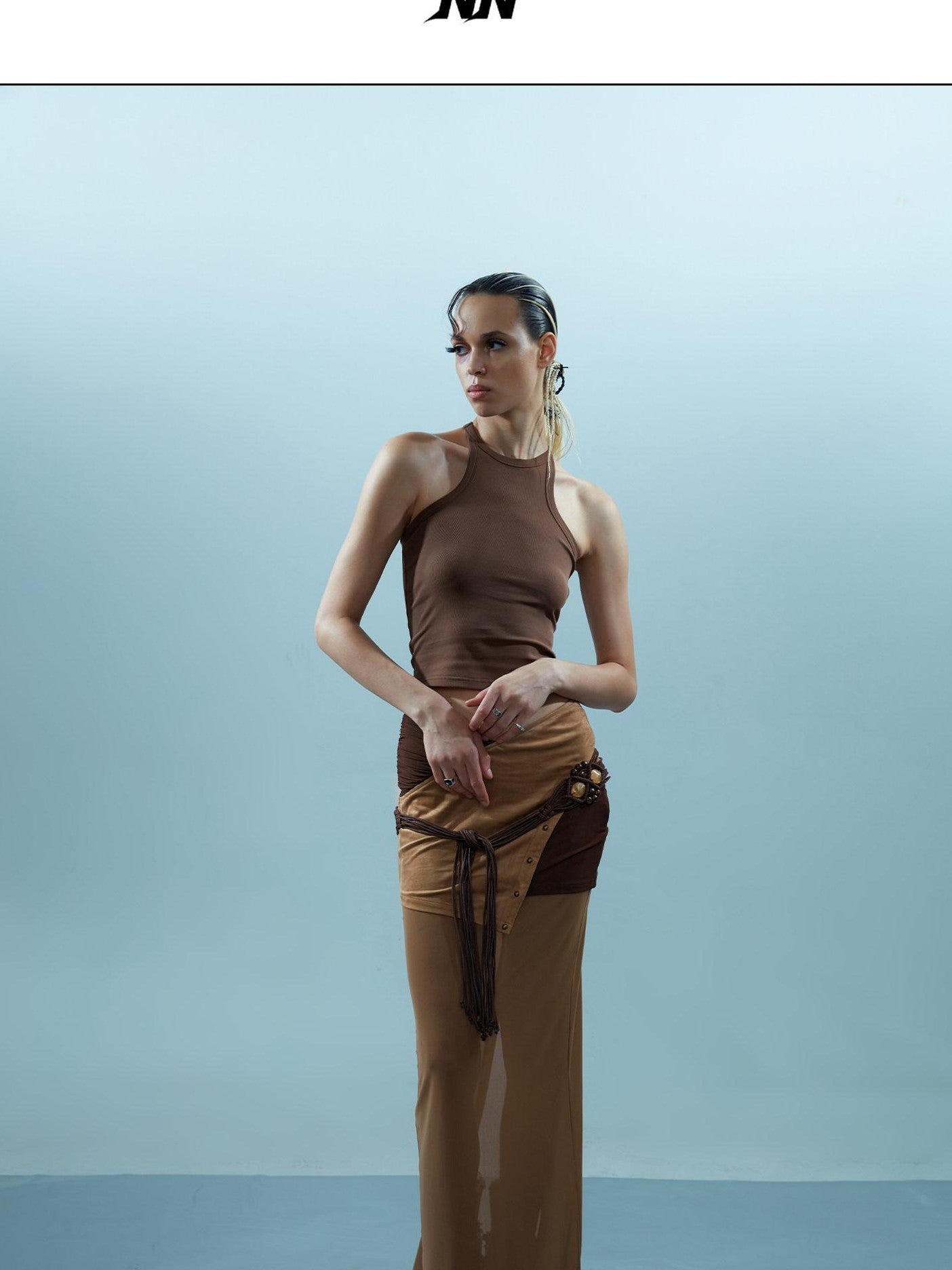 NORTH NODE Sheer Rivet Studded Spliced Panelled Patchwork Women&
