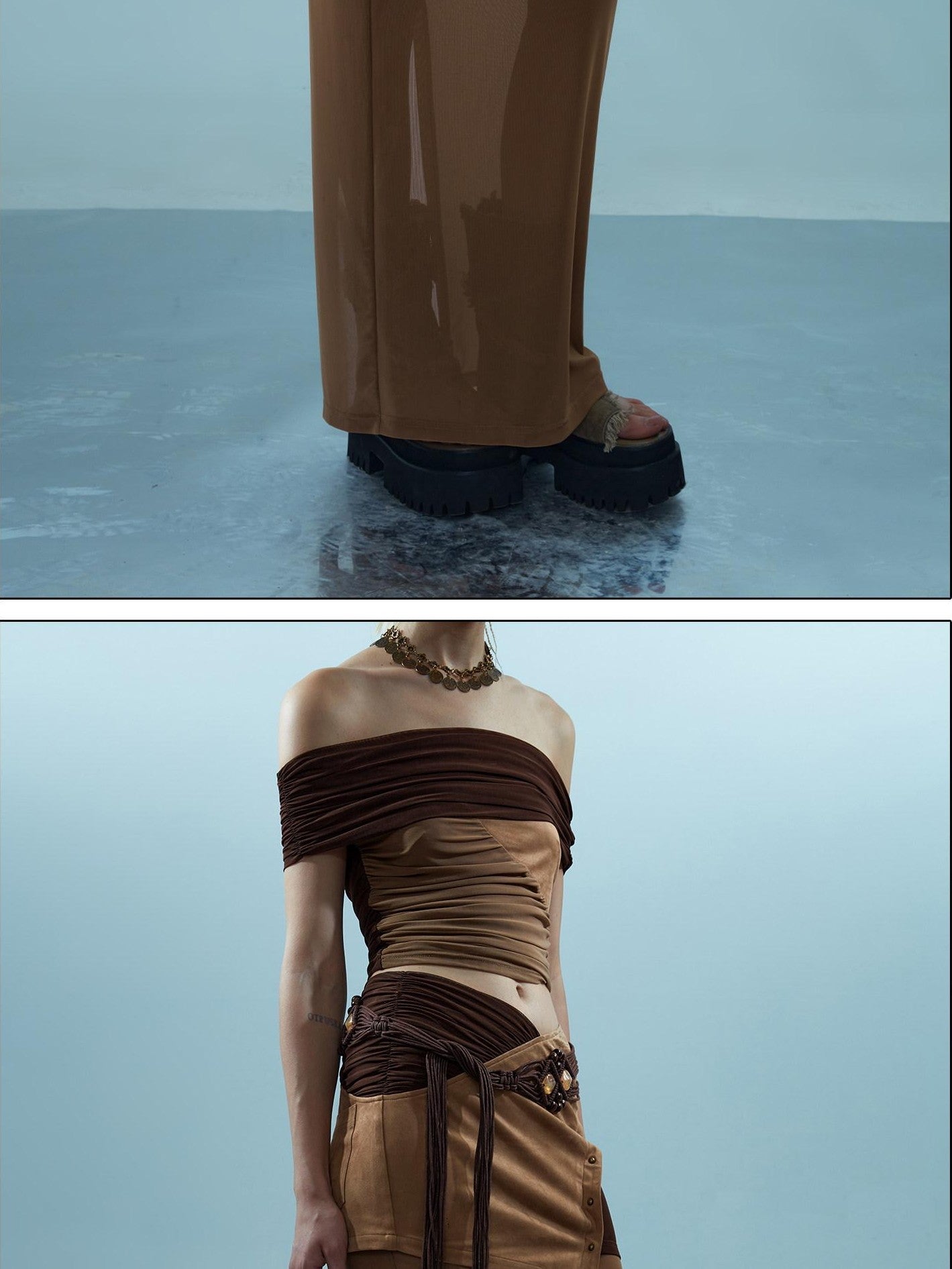 NORTH NODE Sheer Rivet Studded Spliced Panelled Patchwork Women&