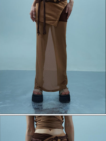 NORTH NODE Sheer Rivet Studded Spliced Panelled Patchwork Women&