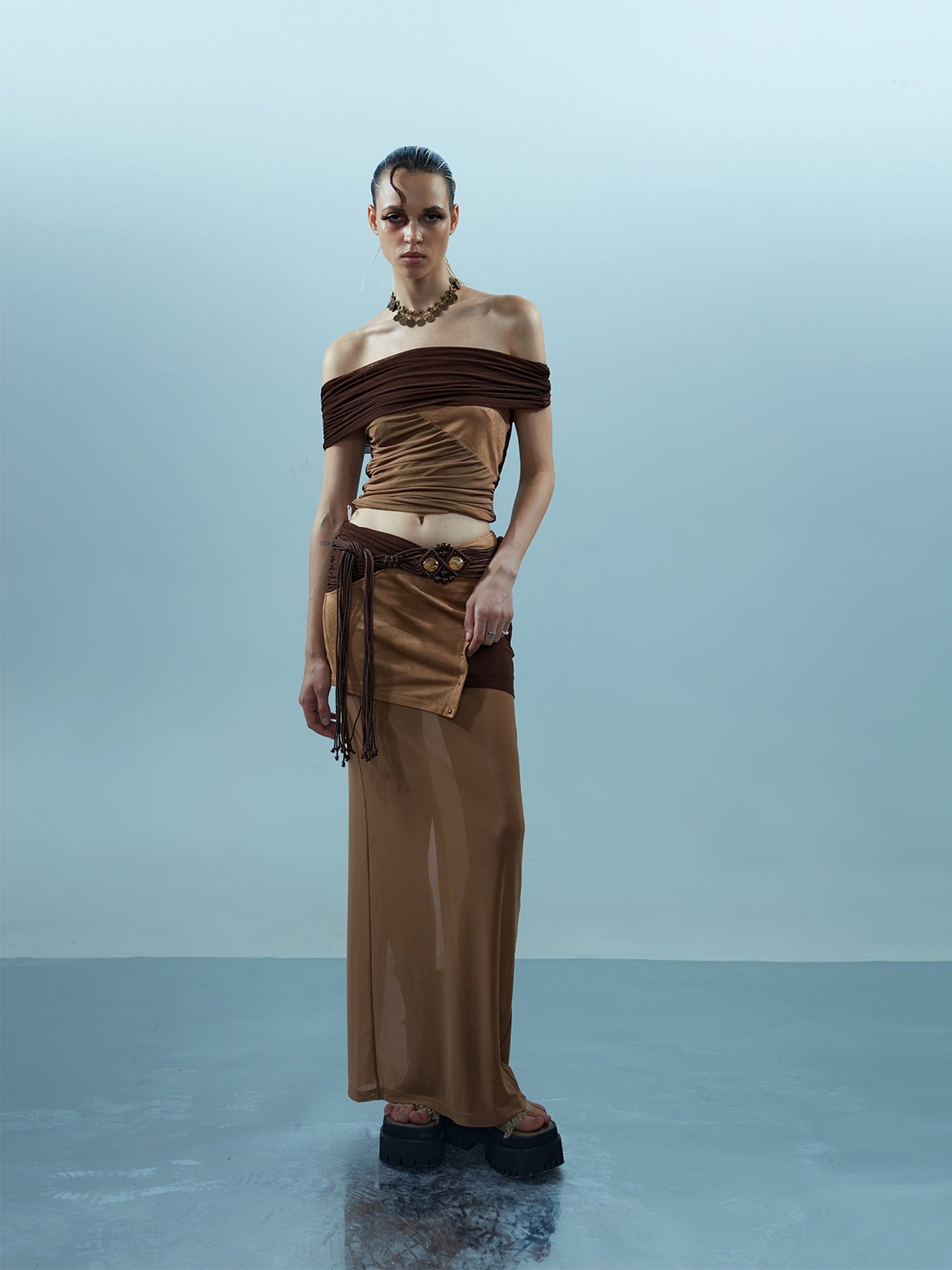 NORTH NODE Sheer Rivet Studded Spliced Panelled Patchwork Women&