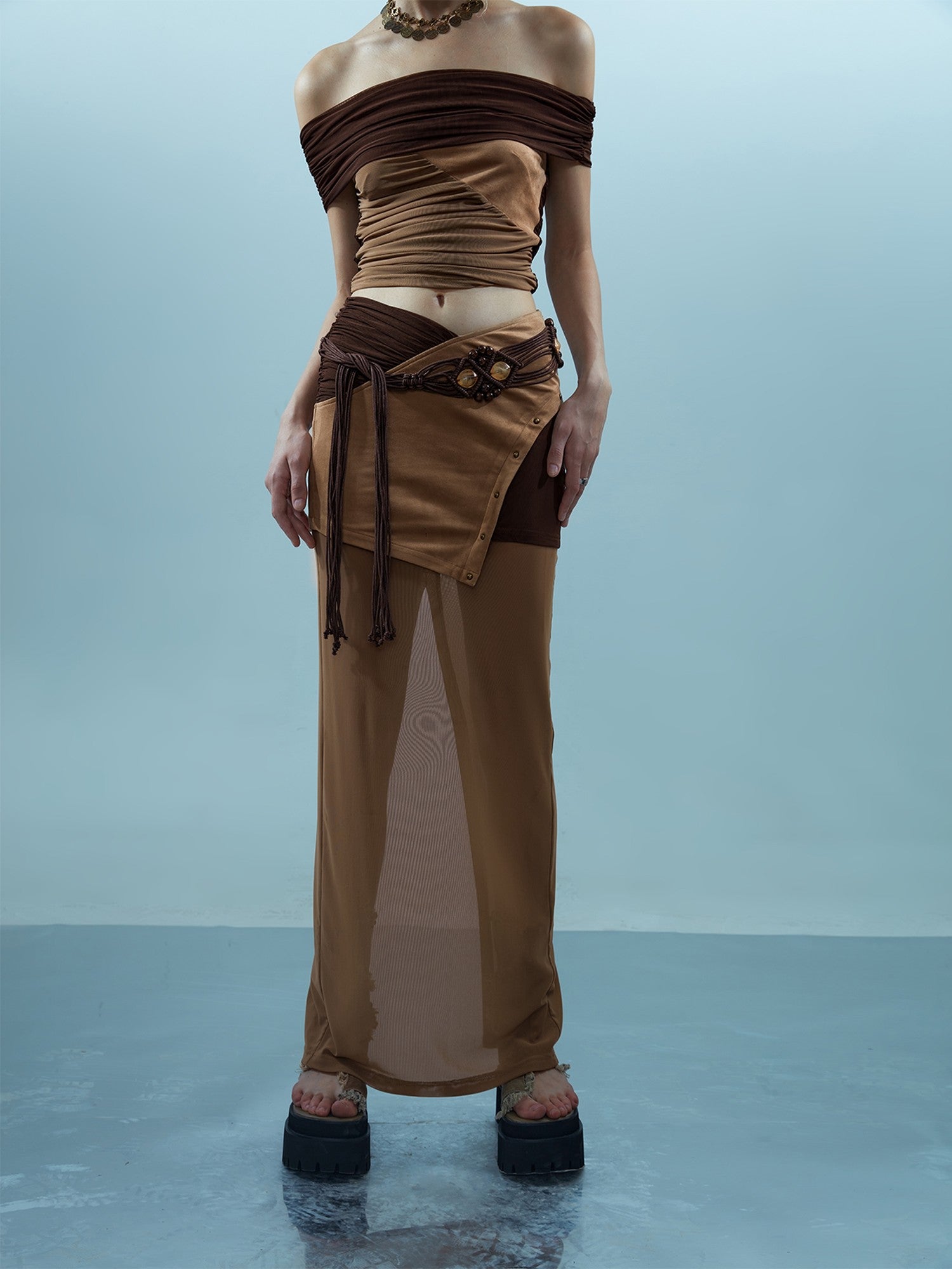NORTH NODE Sheer Rivet Studded Spliced Panelled Patchwork Women&