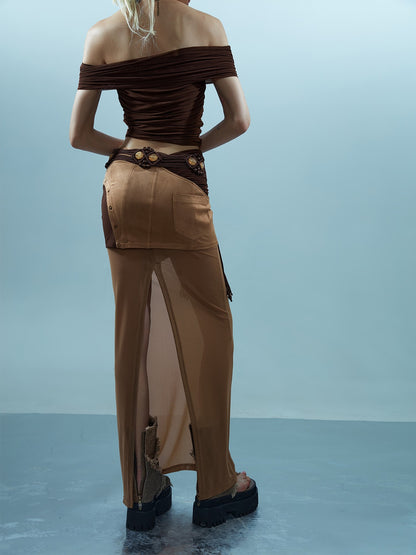NORTH NODE Sheer Rivet Studded Spliced Panelled Patchwork Women&