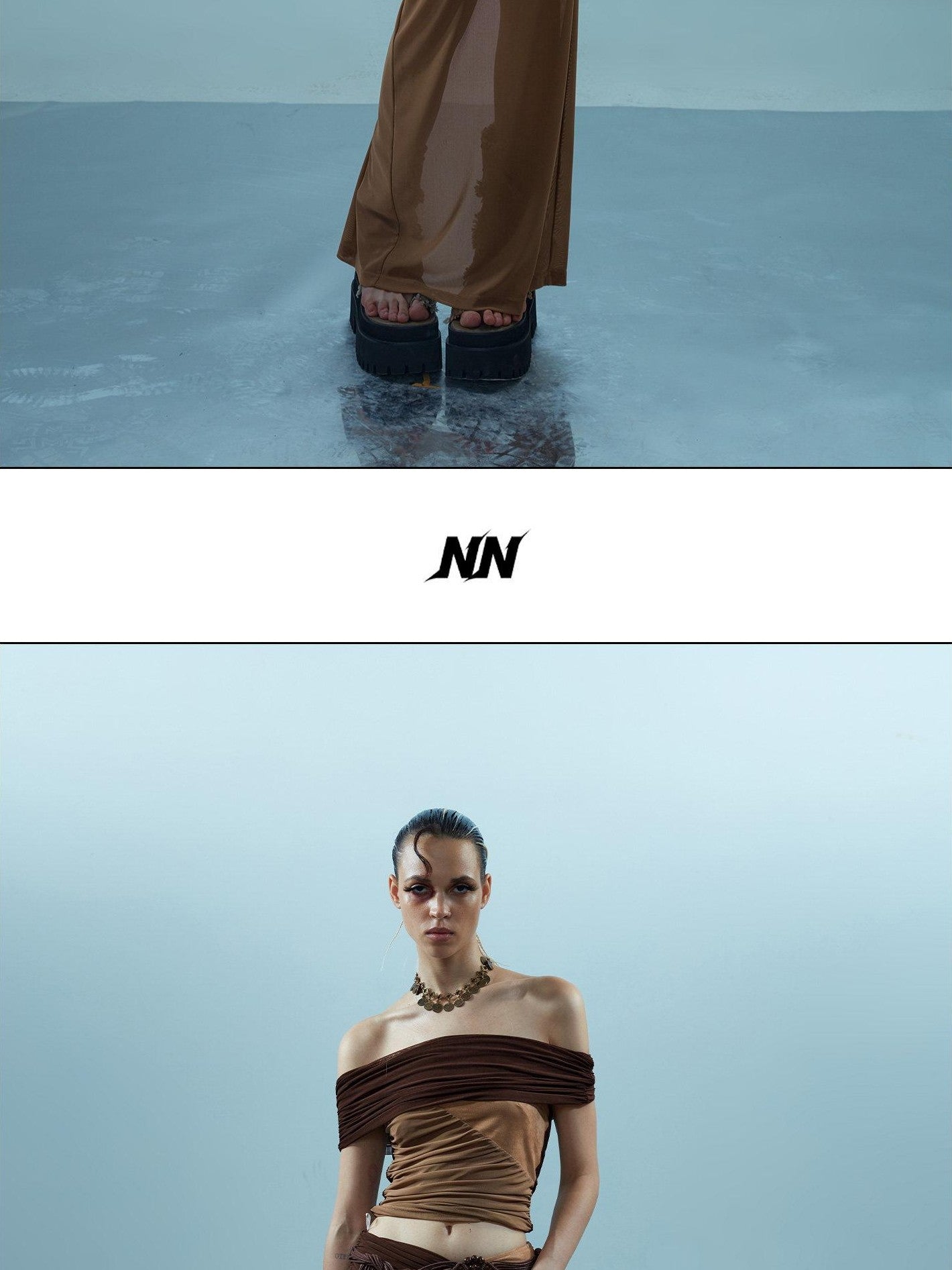 NORTH NODE Sheer Rivet Studded Spliced Panelled Patchwork Women&
