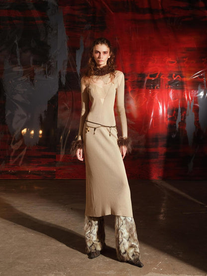NORTH NODE Sheer Spliced Knit Fur Collar Women&
