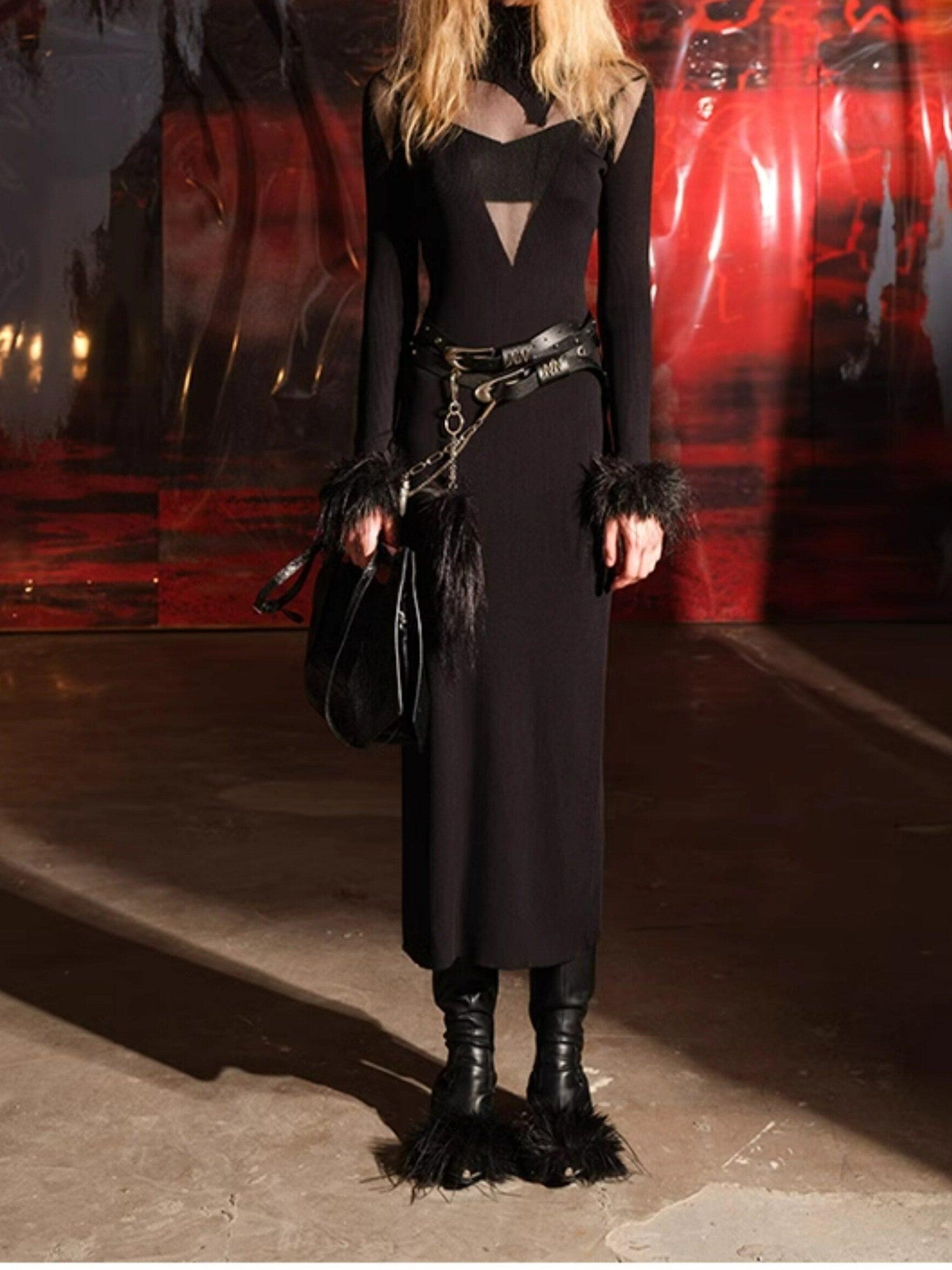 NORTH NODE Sheer Spliced Knit Fur Collar Women&