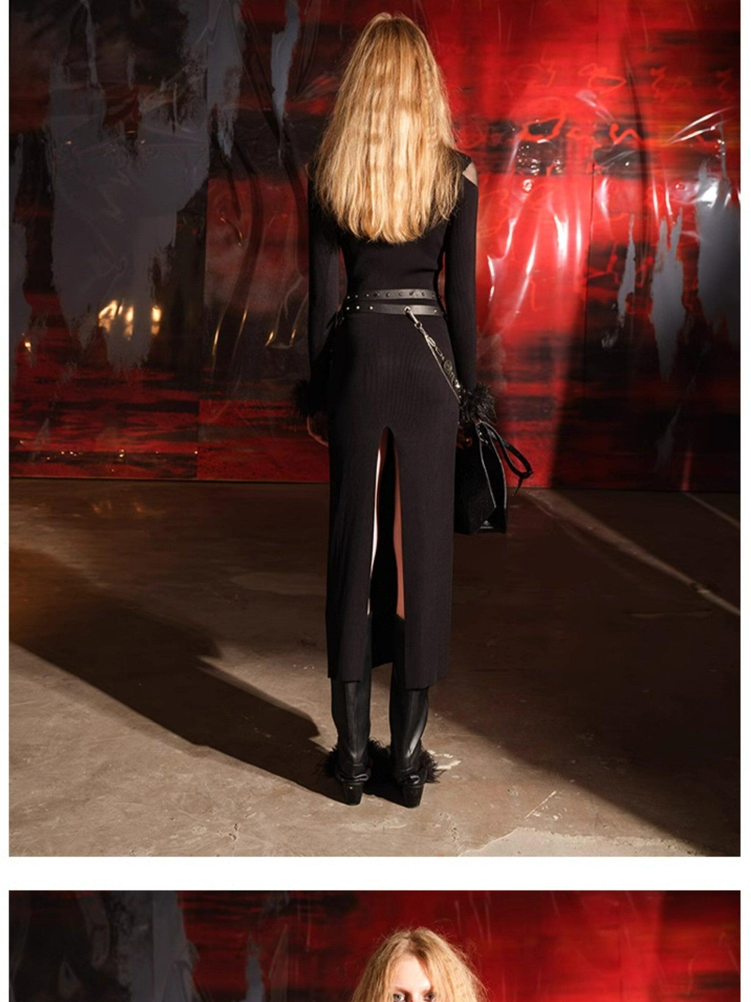 NORTH NODE Sheer Spliced Knit Fur Collar Women&