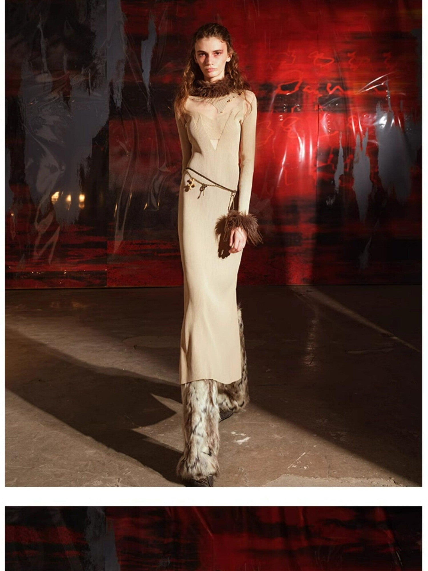 NORTH NODE Sheer Spliced Knit Fur Collar Women&