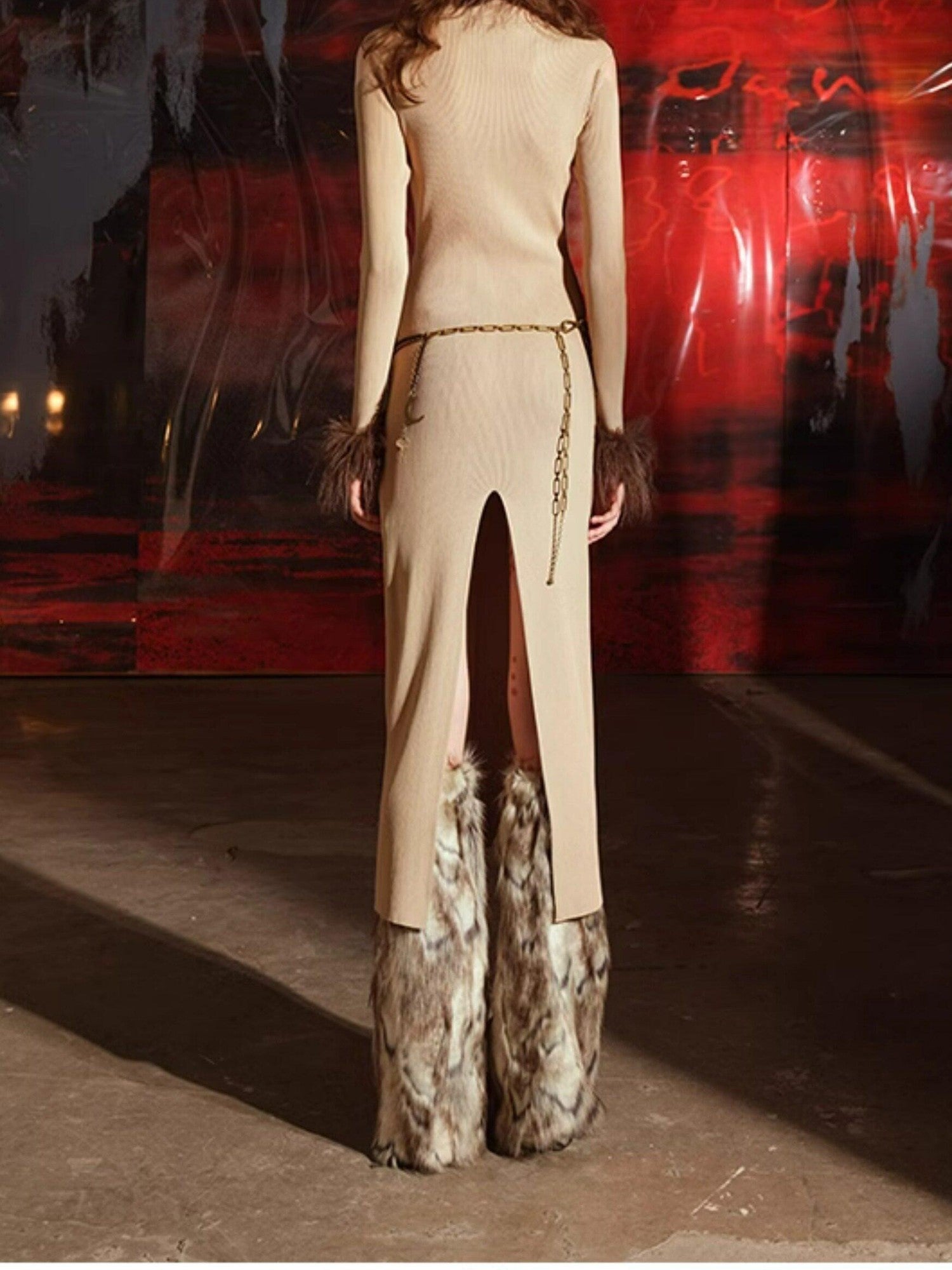 NORTH NODE Sheer Spliced Knit Fur Collar Women&