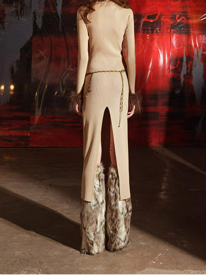 NORTH NODE Sheer Spliced Knit Fur Collar Women&