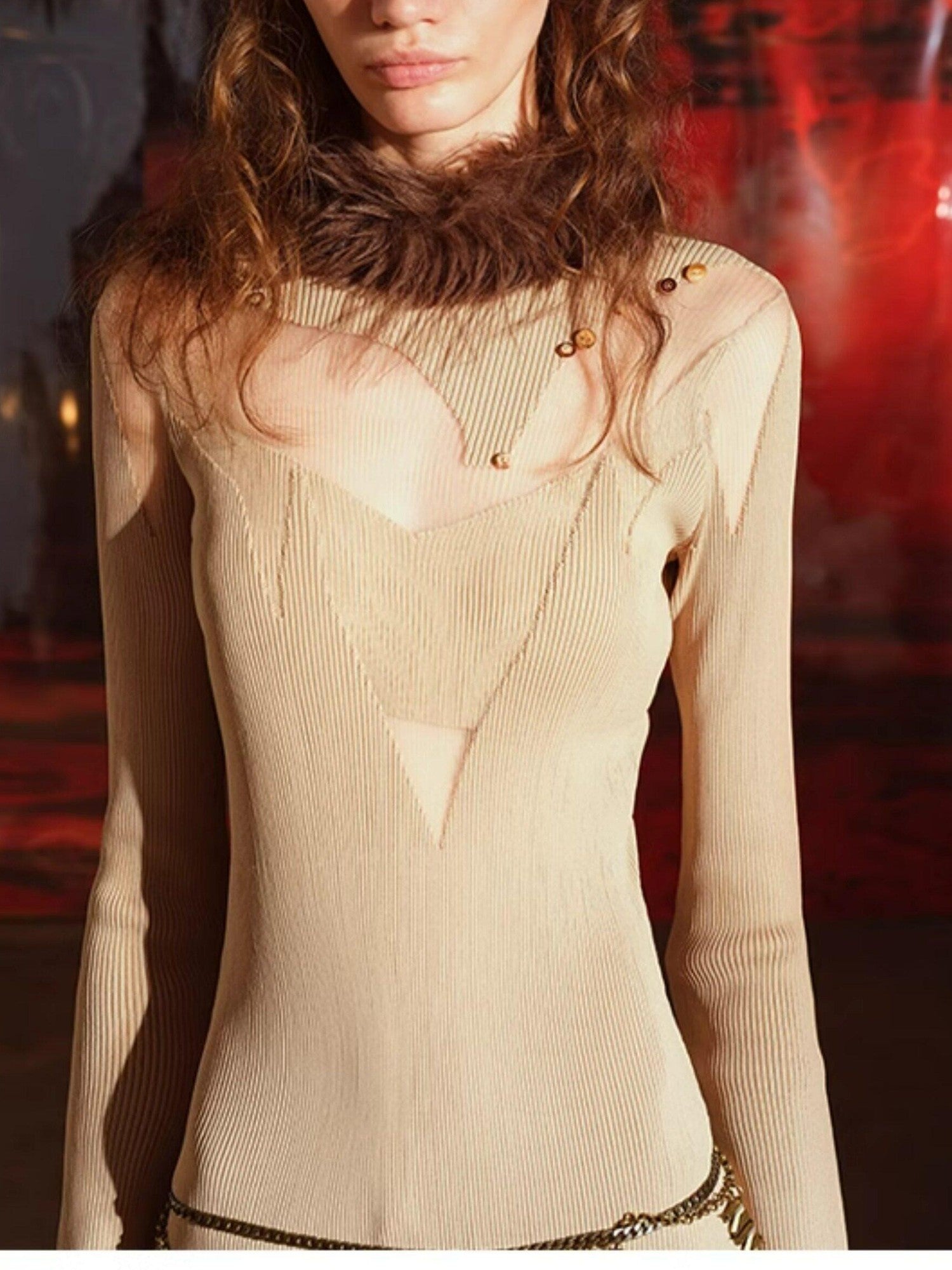 NORTH NODE Sheer Spliced Knit Fur Collar Women&