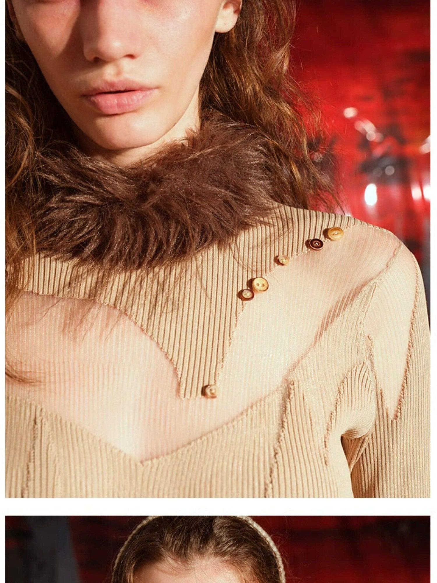 NORTH NODE Sheer Spliced Knit Fur Collar Women&