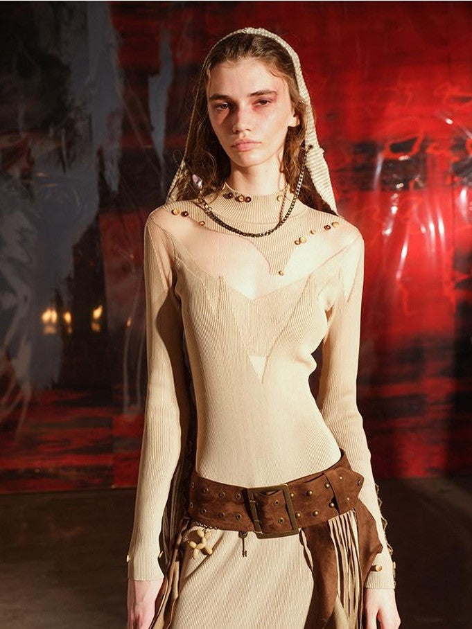 NORTH NODE Sheer Spliced Knit Fur Collar Women&