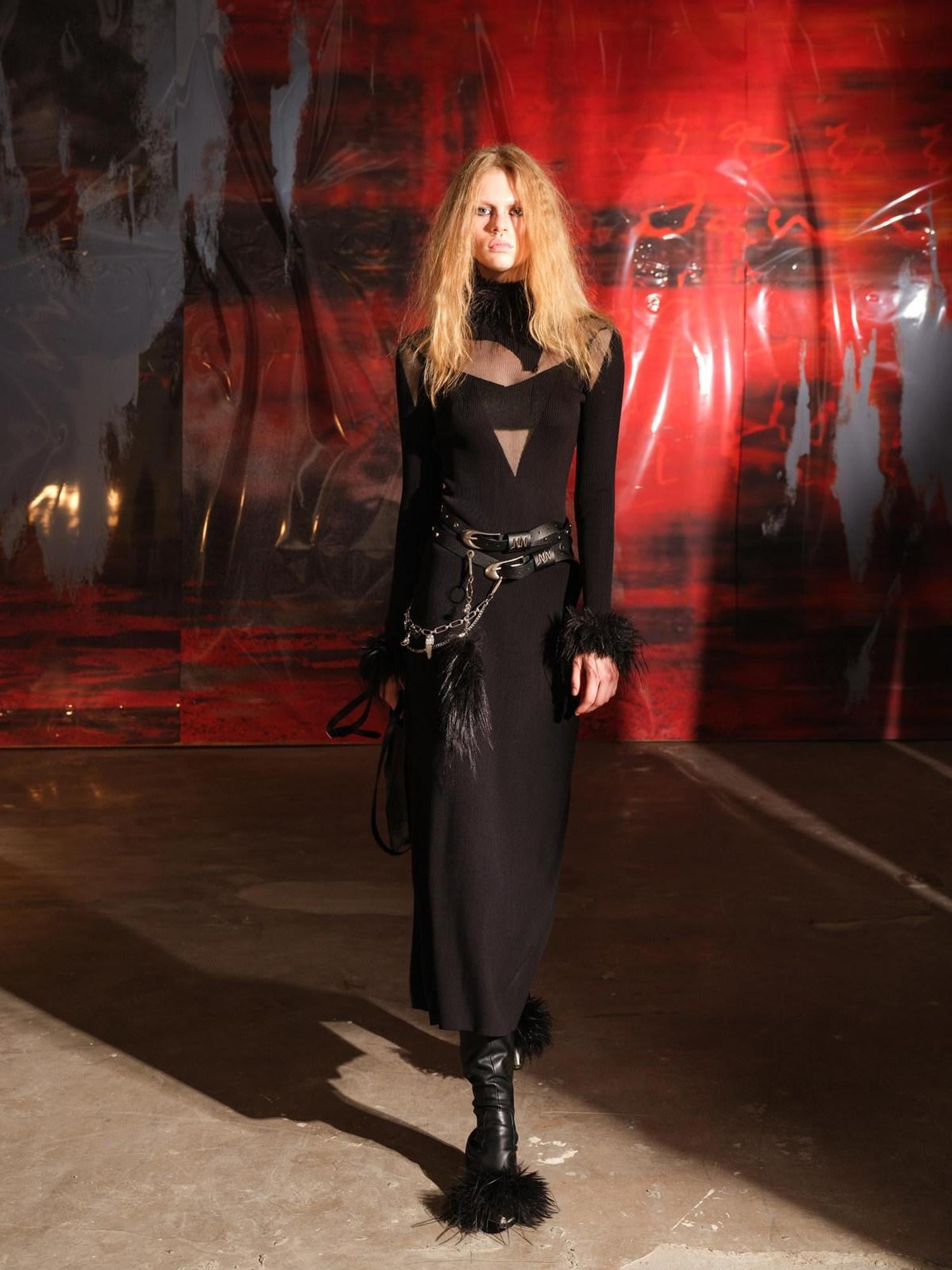 NORTH NODE Sheer Spliced Knit Fur Collar Women&
