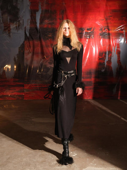 NORTH NODE Sheer Spliced Knit Fur Collar Women&