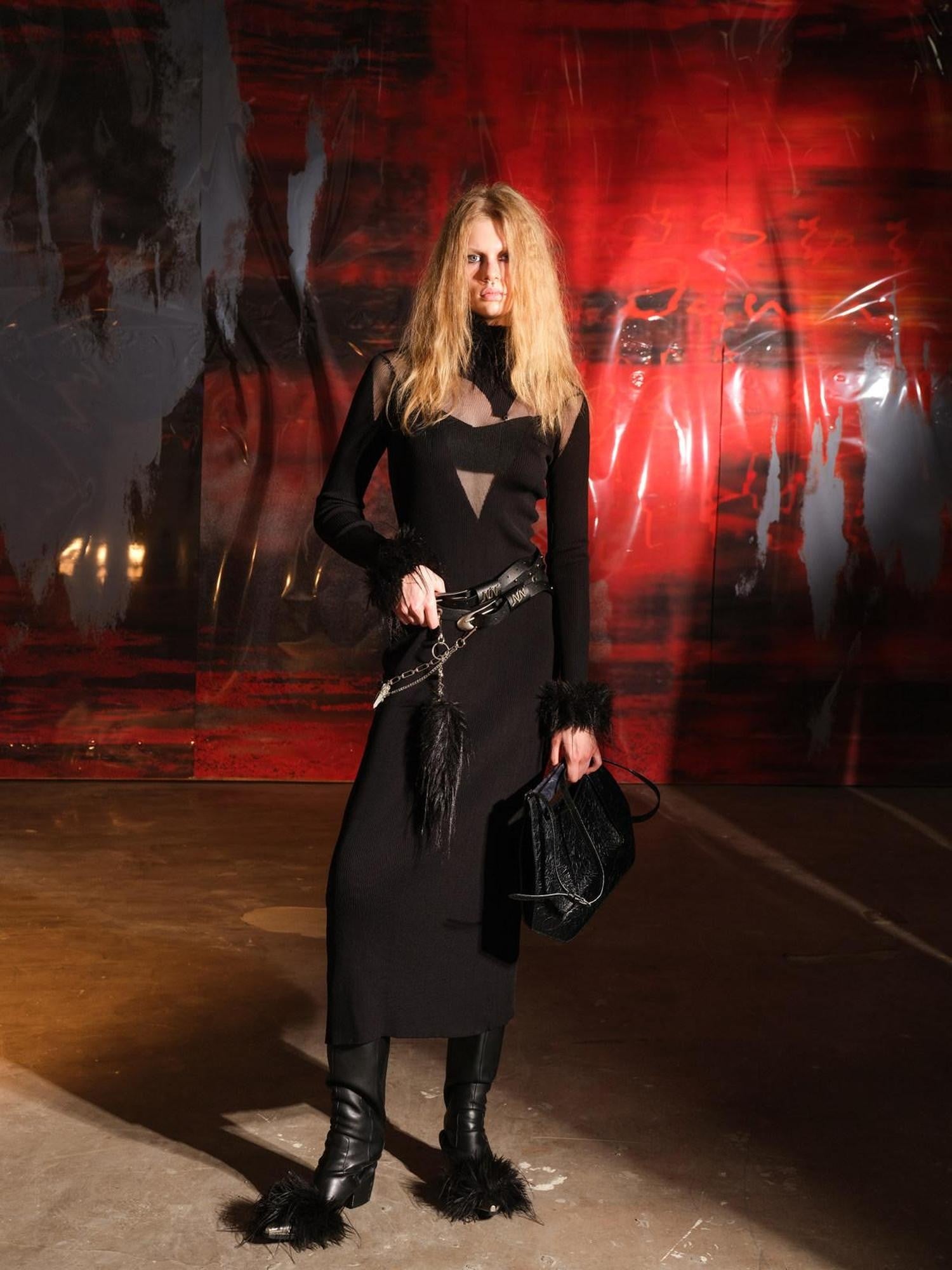 NORTH NODE Sheer Spliced Knit Fur Collar Women&