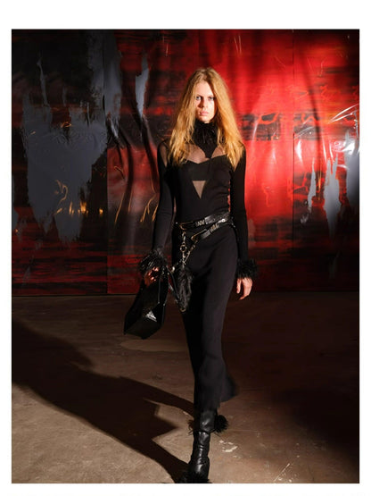 NORTH NODE Sheer Spliced Knit Fur Collar Women&