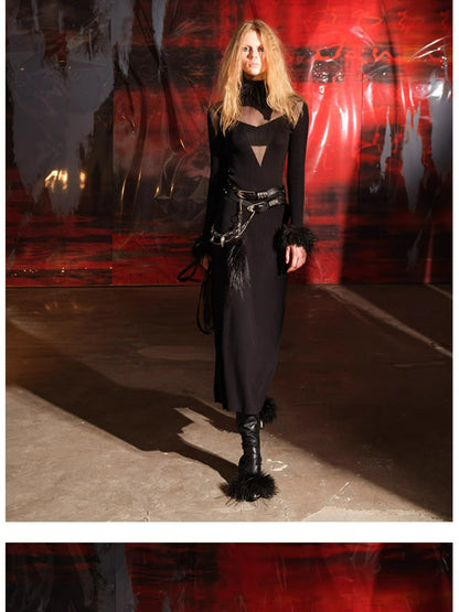 NORTH NODE Sheer Spliced Knit Fur Collar Women&