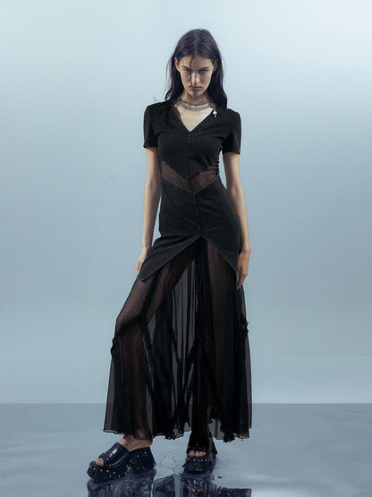 NORTH NODE Sheer Spliced V-neck Short Sleeve Women&