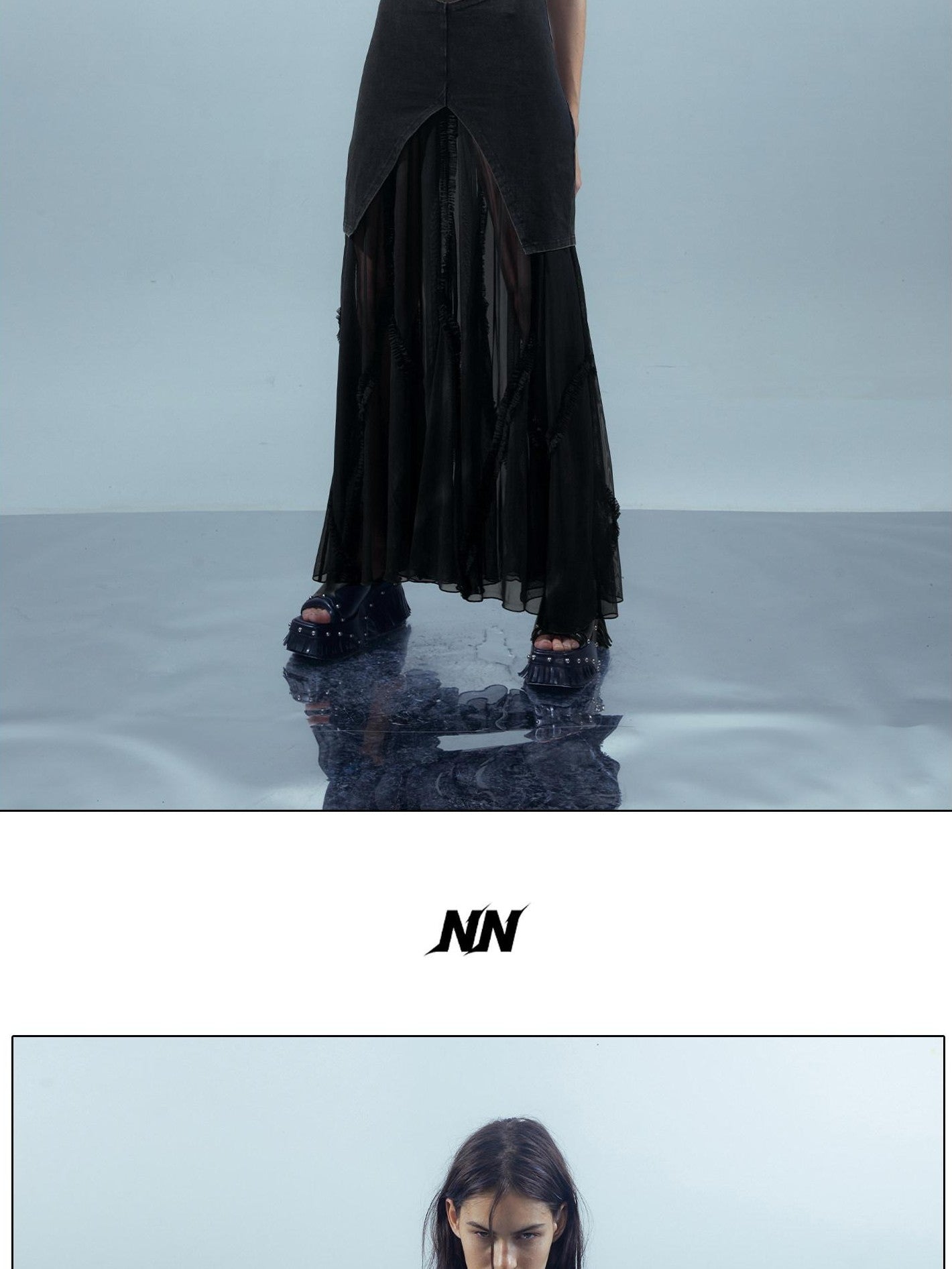 NORTH NODE Sheer Spliced V-neck Short Sleeve Women&