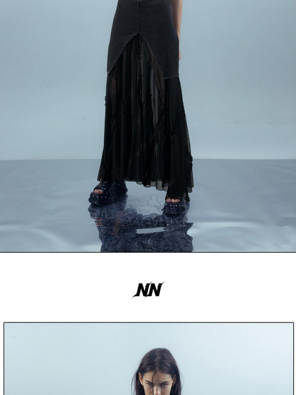NORTH NODE Sheer Spliced V-neck Short Sleeve Women&