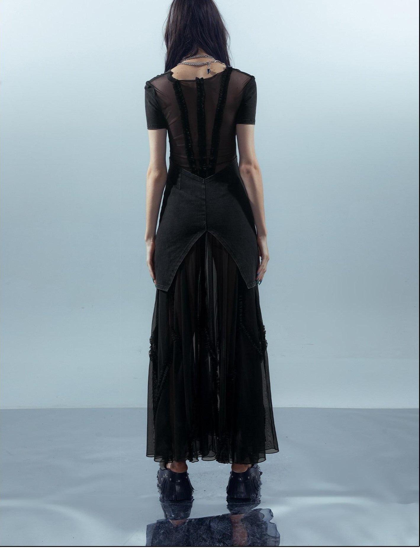 NORTH NODE Sheer Spliced V-neck Short Sleeve Women&