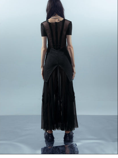 NORTH NODE Sheer Spliced V-neck Short Sleeve Women&