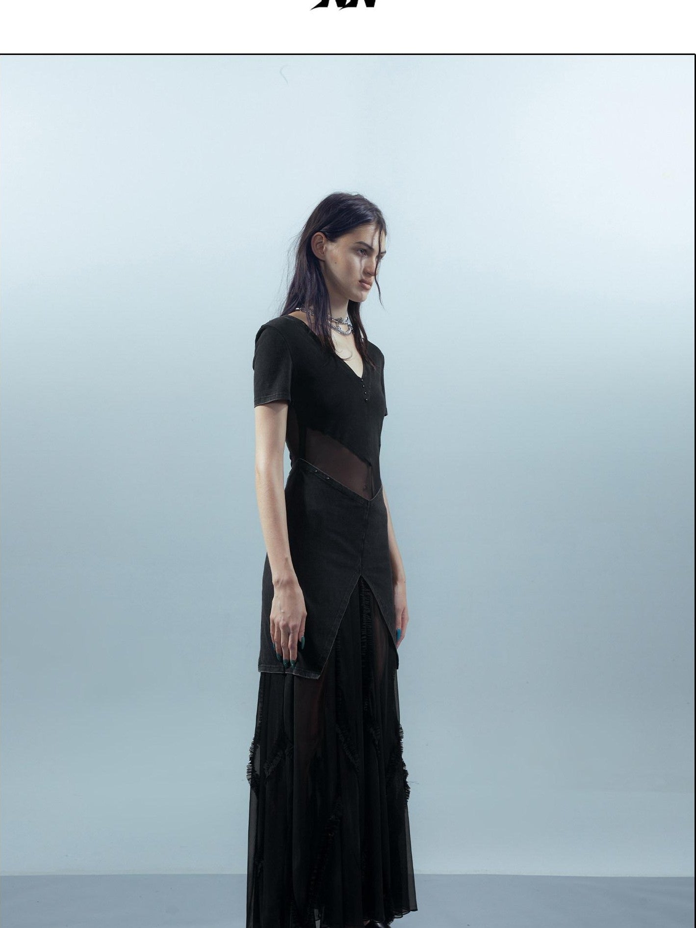 NORTH NODE Sheer Spliced V-neck Short Sleeve Women&