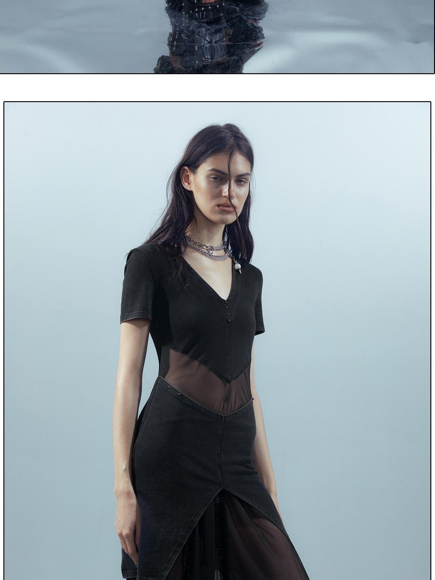 NORTH NODE Sheer Spliced V-neck Short Sleeve Women&