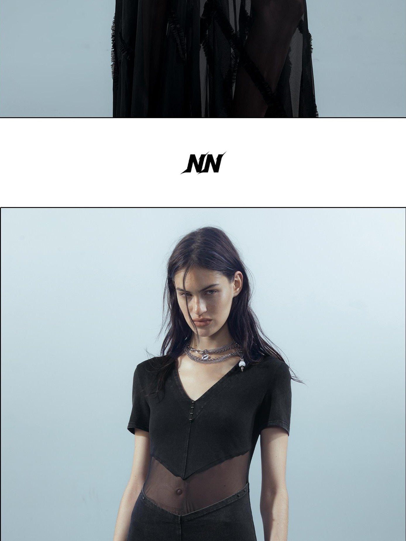 NORTH NODE Sheer Spliced V-neck Short Sleeve Women&