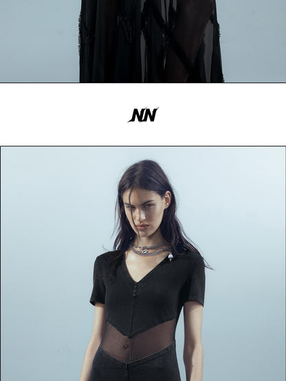 NORTH NODE Sheer Spliced V-neck Short Sleeve Women&